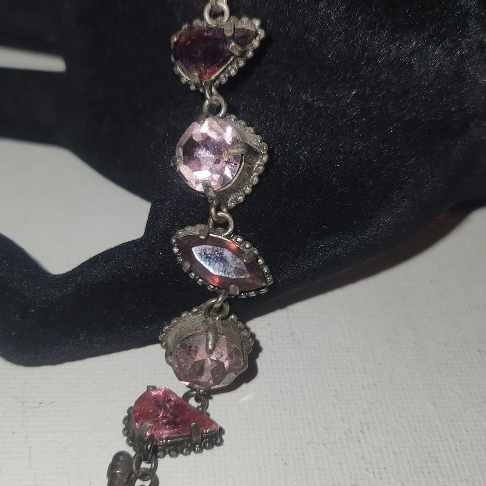 Vintage Style Pink purple Rhinestone Toggle Link Bracelet‎ Antiqued Silver Tone